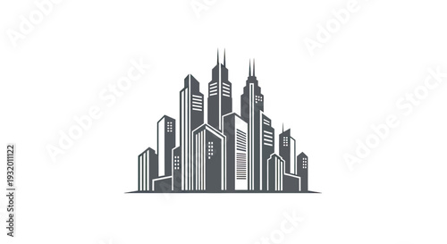 Monochromatic illustration of a skyline with various buildings and structures in a city