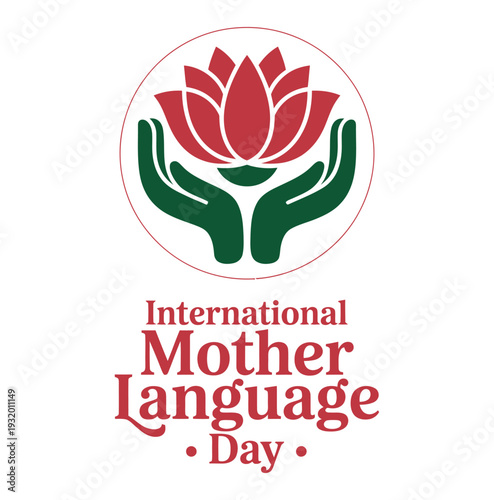 A logo for International Mother Language Day featuring a red lotus flower and green hands.