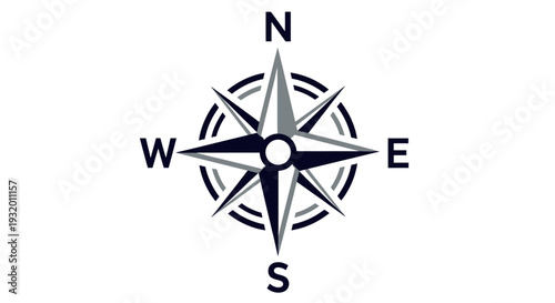 A navy blue and gray compass rose, oriented to the cardinal directions, on a white background