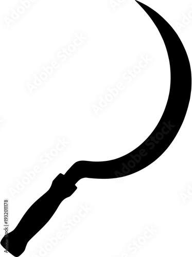Silhouette of a sickle, a curved blade tool for reaping crops, often associated with farming and agriculture