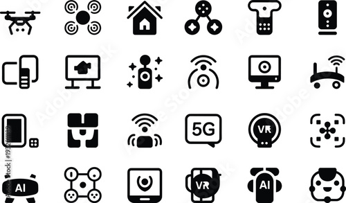 Smart technology icon set AI IoT drone VR 5G device collection modern digital gadget silhouette vector pack