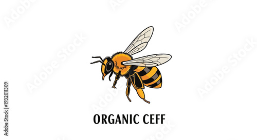 A cartoon bee illustration with black and yellow stripes, wings extended, and "ORGANIC CEFF" below