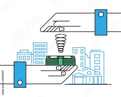 A graphic illustration of a cityscape being lifted by a mechanical hand with a spring