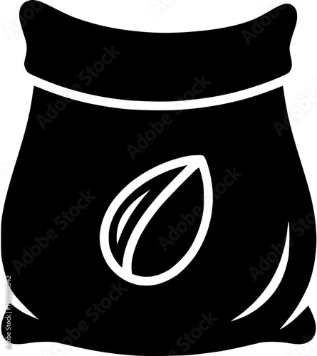 Minimalist graphic icon depicting a burlap bag filled with nutrient-rich seeds, symbolizing essential agriculture, food production, and a bountiful harvest
