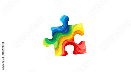 A colorful, stylized jigsaw puzzle piece with layered, wavy rainbow hues on a white background