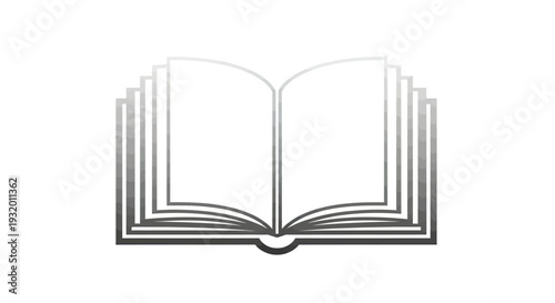 A grayscale, stylized illustration of an open book with visible pages on a white background