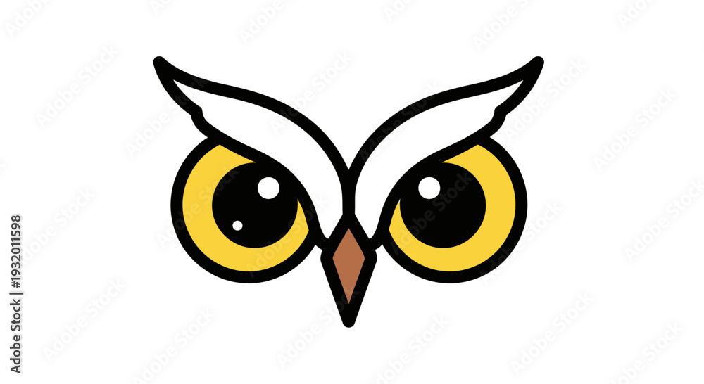 Fototapeta premium Cartoon owl eyes in a minimalist style, featuring yellow irises and a brown beak