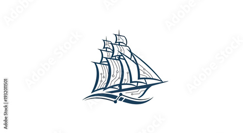 Abstract graphic of a sailing ship with circuit board elements, on white background