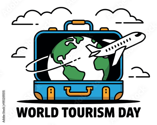 A colorful illustration celebrating World Tourism Day with a globe and airplane in a suitcase