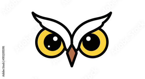 Cartoon owl eyes in a minimalist style, featuring yellow irises and a brown beak