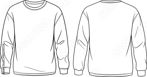 Blank long sleeve sweatshirt mockup, front and back view, technical apparel outline, fashion template, clean cad drawing vector illustration design