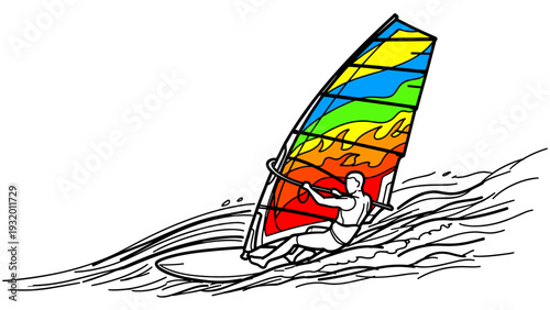 Colorful windsurfing adventure on ocean waves with dynamic line art style