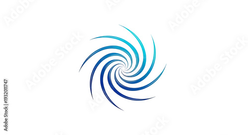 A swirling, stylized spiral design in shades of blue against a clean white background