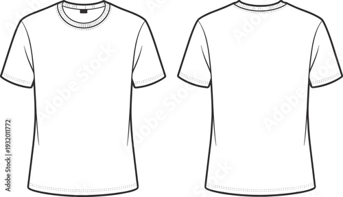 Blank short sleeve t shirt front and back view template, cad drawing flat vector illustration for apparel design