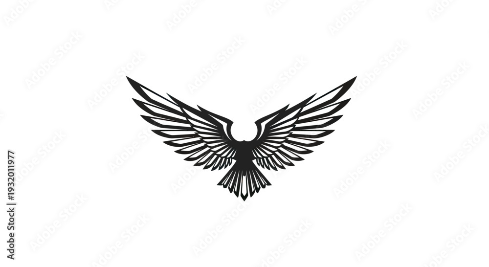 Obraz premium A stylized black illustration of a bird, with outstretched wings, and intricate feather details