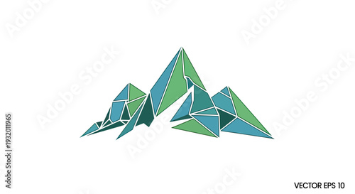 Geometric mountain range icon, composed of polygons in green and blue, white background