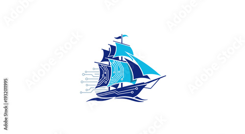 A nautical vessel with sails depicting circuit board design, sailing on wavy lines