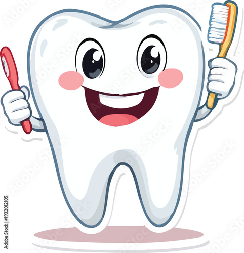 Happy Tooth with Brush: A cheerful animated tooth character, holding a toothbrush and looking friendly, smiles widely, embodying dental health awareness and promoting oral hygiene.