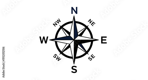 A directional navigational instrument with cardinal and intercardinal points against white
