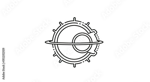 A circular black and white illustration of geometric shapes, planet-like with dots