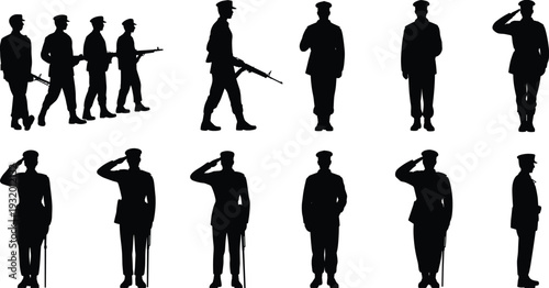 Military soldiers marching and saluting silhouette set, armed army officers with rifles standing in uniform isolated on white background vector illustration