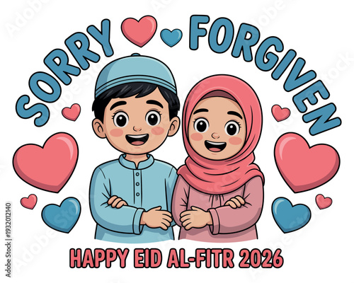 A cartoon illustration of a boy and girl in traditional attire wishing Happy Eid Al-Fitr with a message of sorry and forgiven