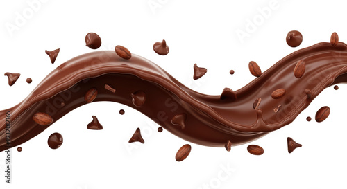 viscous deep cocoa brown liquid forming a dynamic sculpted wave and splash with suspended dark chocolate chips, hyper-realistic macro shot against a brilliant white studio background. concept for