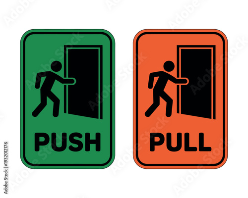 A green push sign and an orange pull sign on a white background