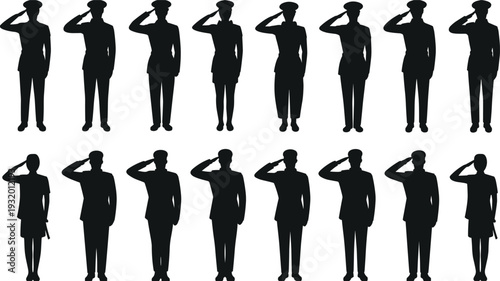 WebMilitary officer and police salute silhouette set, uniformed men and women standing isolated on white background flat vector illustration