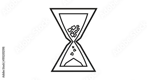 A black and white, line art illustration of an hourglass with rough shapes inside