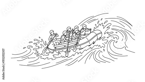 Whitewater rafting adventure in linear art with five paddlers
