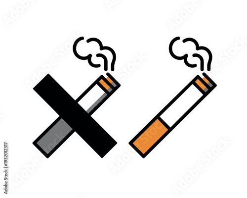 A graphic illustration of a cigarette with a large X marked through it next to a smoking cigarette