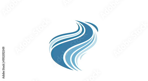 A stylized, abstract design with layered blue curves, evoking motion, waves, or feathers