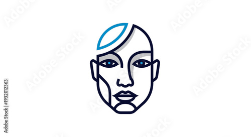 A minimalist, geometric illustration of a face with blue and grey accents