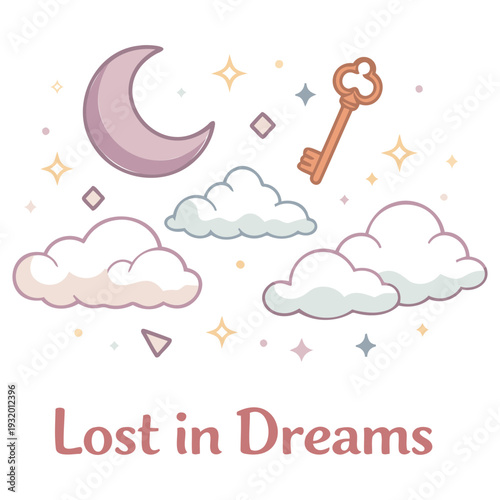 Whimsical dreamy illustration featuring a crescent moon clouds and a golden key surrounded by stars and sparkles