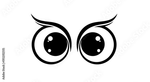 Graphic design of stylized black and white owl eyes. Features detail and a clean aesthetic