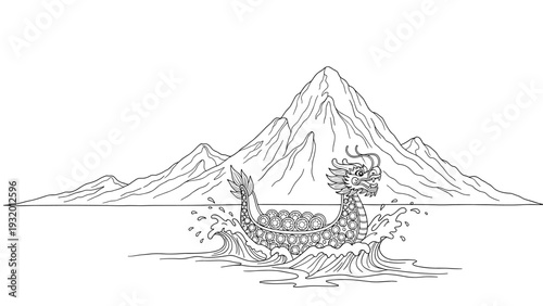 Dragon boat adventure with majestic mountain scenery in intricate line art