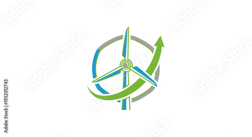 Abstract vector graphic of a wind turbine within a circle, ascending green arrow