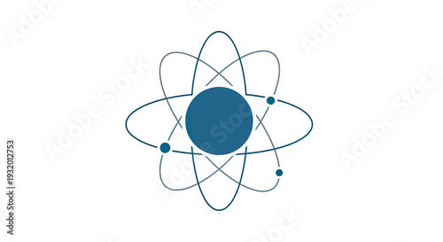 Simple illustration of a stylized atom with nucleus and orbiting electrons on a white background