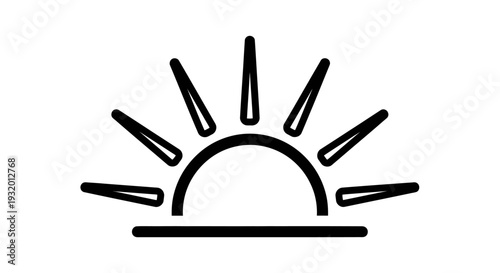 A simple, bold, black and white sunrise icon depicting half a sun with rays