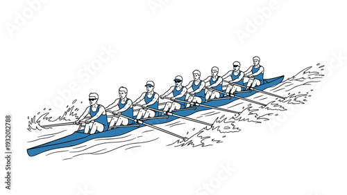 Eight men rowing a boat in blue uniforms, teamwork in motion