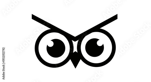 A stylized black and white graphic of an owl's face, focused on its large eyes