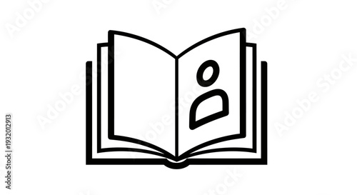 An open book icon with person silhouette on the page. Outlined in black. White background