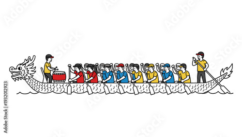 Dragon boat race team rowing in synchronized harmony