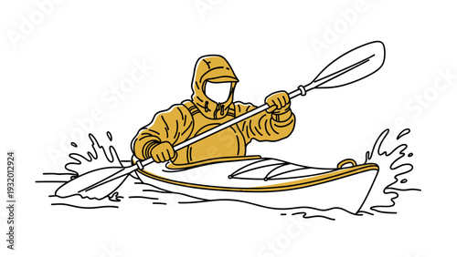 Dynamic kayaker in action on water in minimalistic linear style