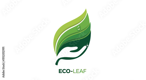 A green leaf design incorporates a hand-like shape, a water droplet, and text below