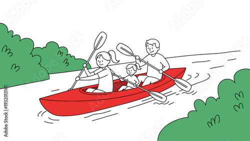 Family kayaking adventure in red canoe on scenic river