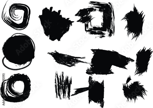 A collection of abstract black brush strokes on a white background