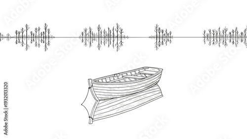 Seamless lake reflection with lone boat and bare trees in minimalist black and white design