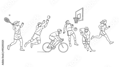 Dynamic line art of diverse sports activities featuring team and individual sports